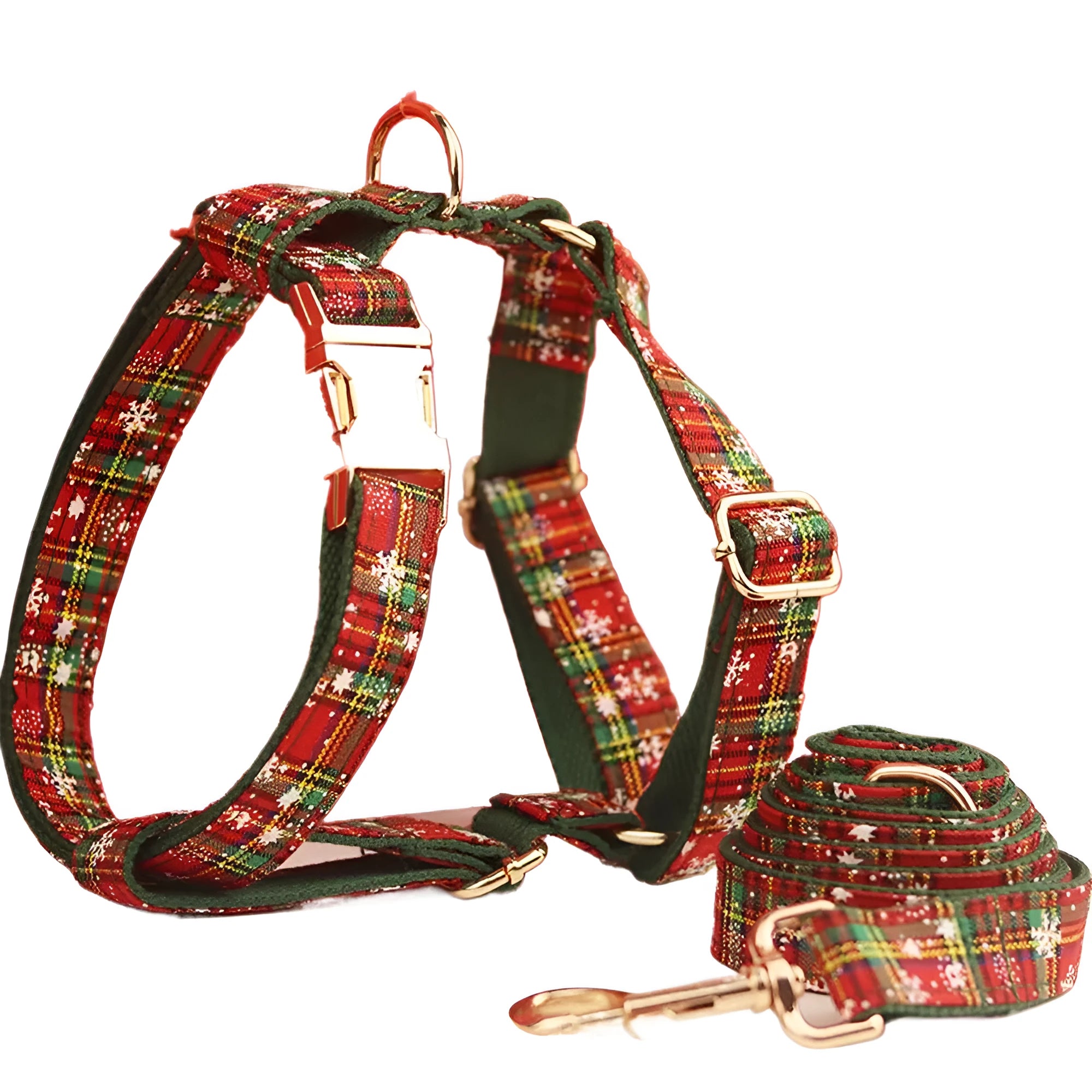 Green snowflake Christmas pet collar set with matching dog leash, bow decoration and vest in four-piece bundle