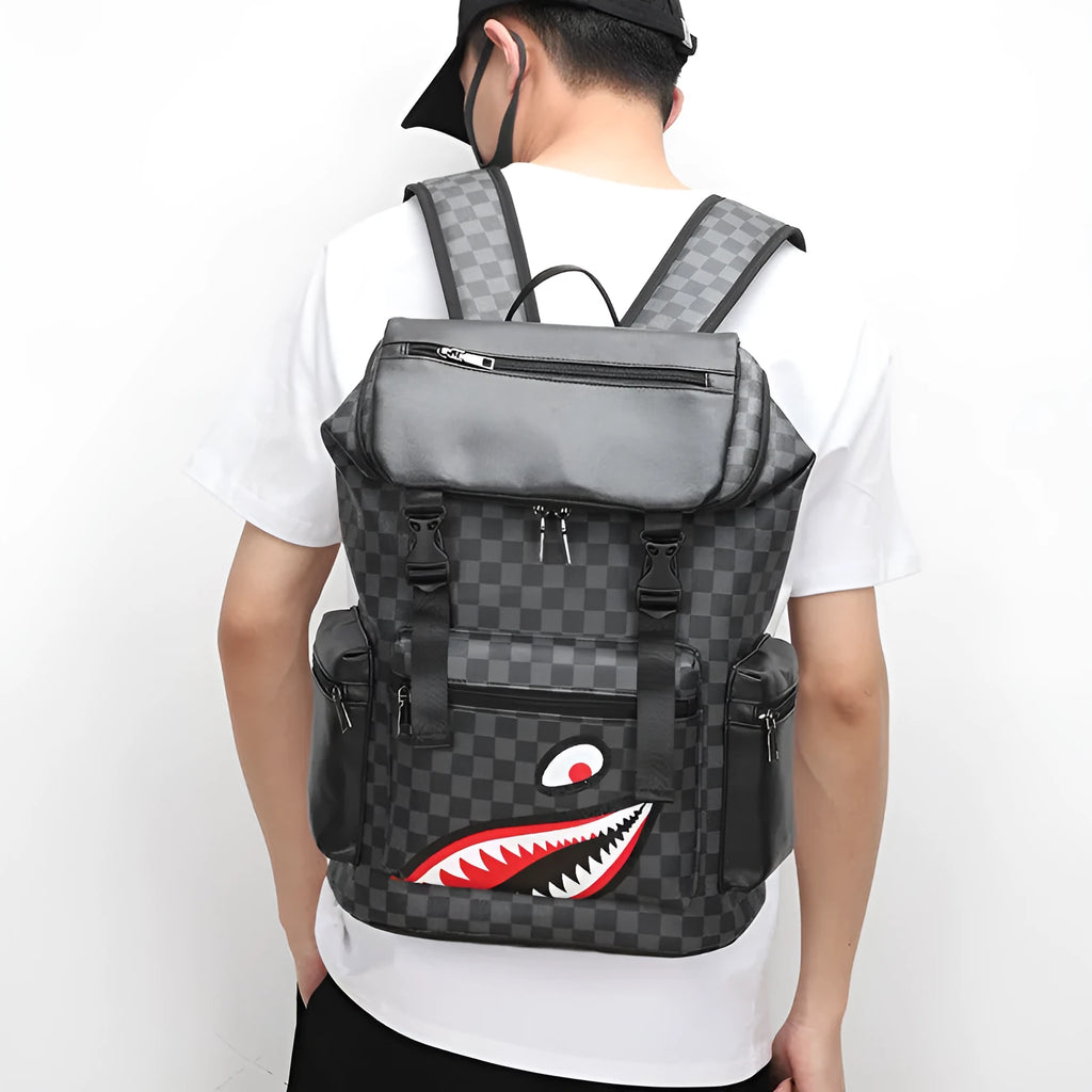 Korean casual checkered printed large backpack made from PU leather with curved shoulder straps.