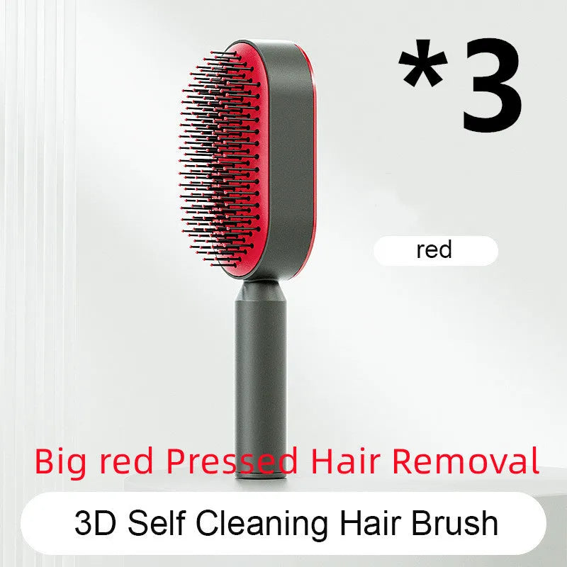 Self-cleaning air cushion hair brush in white, black gold, or black purple with ergonomic handle