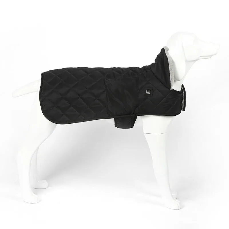Black heating pet coat made of memory polyester fabric with short rabbit fur flannel lining for small to large dogs