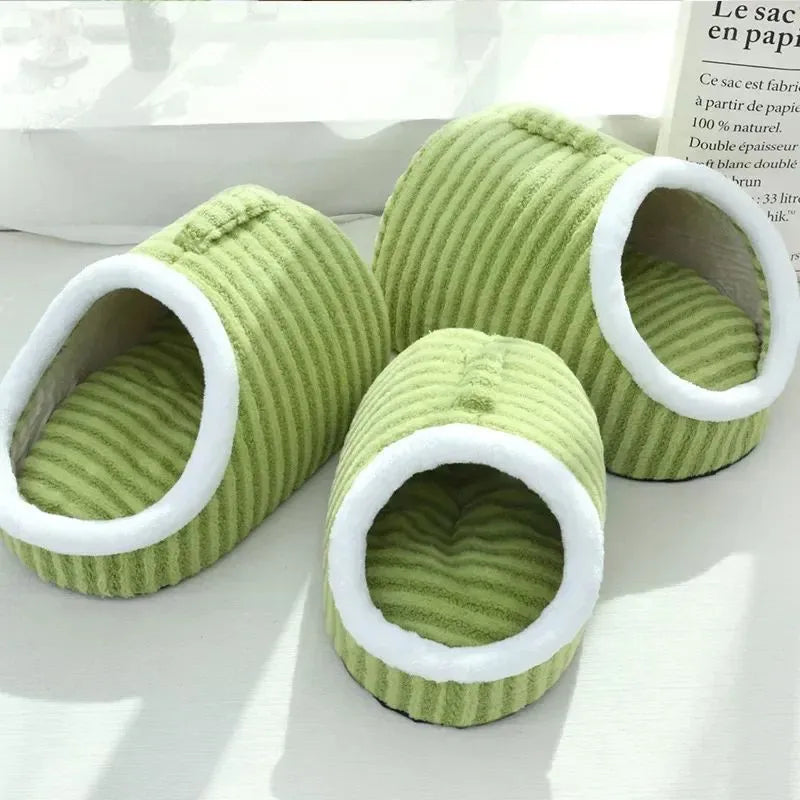Thickened 3D striped pet bed with removable sponge padding in blue, green, pink or yellow