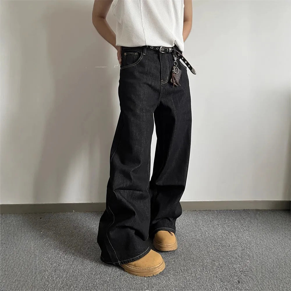 Black retro wide-leg straight jeans for men and women on a hanger.
