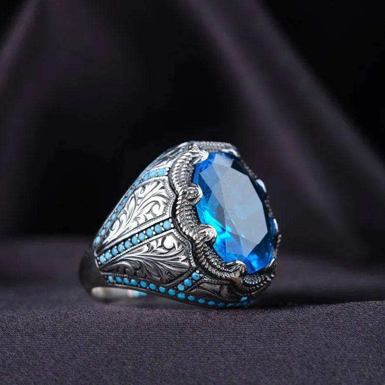 Geometric antique silver couple ring with blue zircon decoration