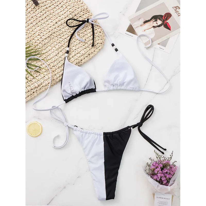 Black and white lace-up triangle cup bikini swimsuit set with briefs