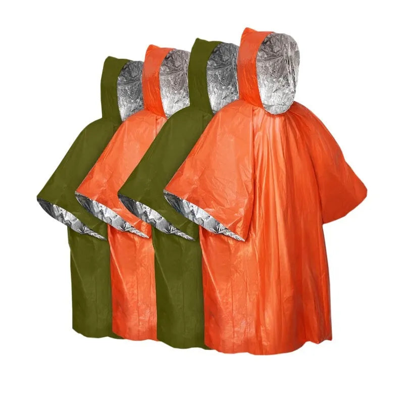 Orange and army green marathon cross-country raincoat laid flat, showing 100x130cm size.