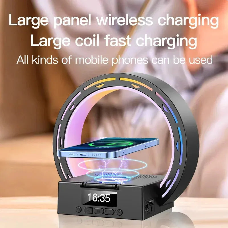 White multifunction Bluetooth speaker with wireless charging pad, digital clock display, and bedside lamp features