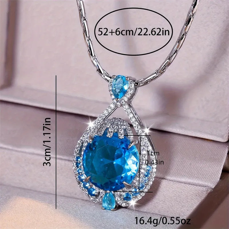 Women's geometric blue crystal necklace on water wave chain