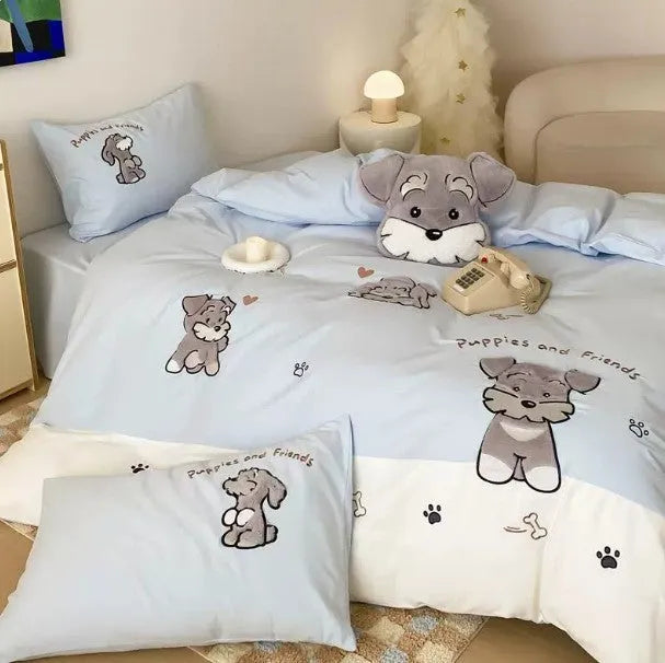 Cute Schnauzer cartoon pattern cotton bed sheet set showing quilt cover, flat sheet and pillowcases