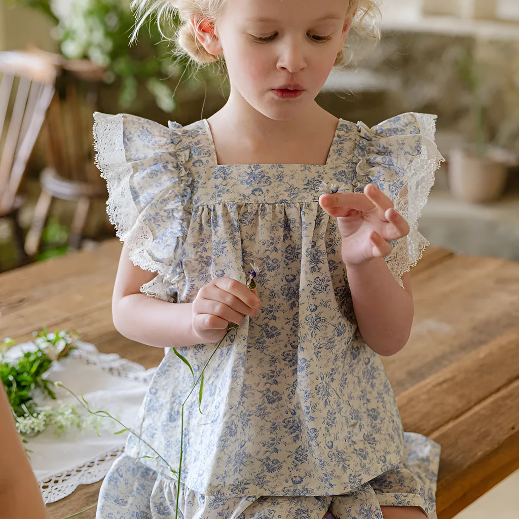 Girls' strawberry lace bow cotton top in purple or blue, short sleeve summer shirt, 90-150cm