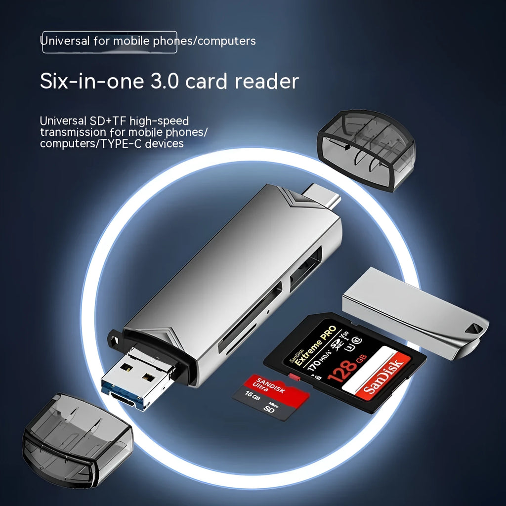 Aluminium alloy multi-functional card reader with SD and TF slots, USB Type-C and Micro interfaces, grey or silver