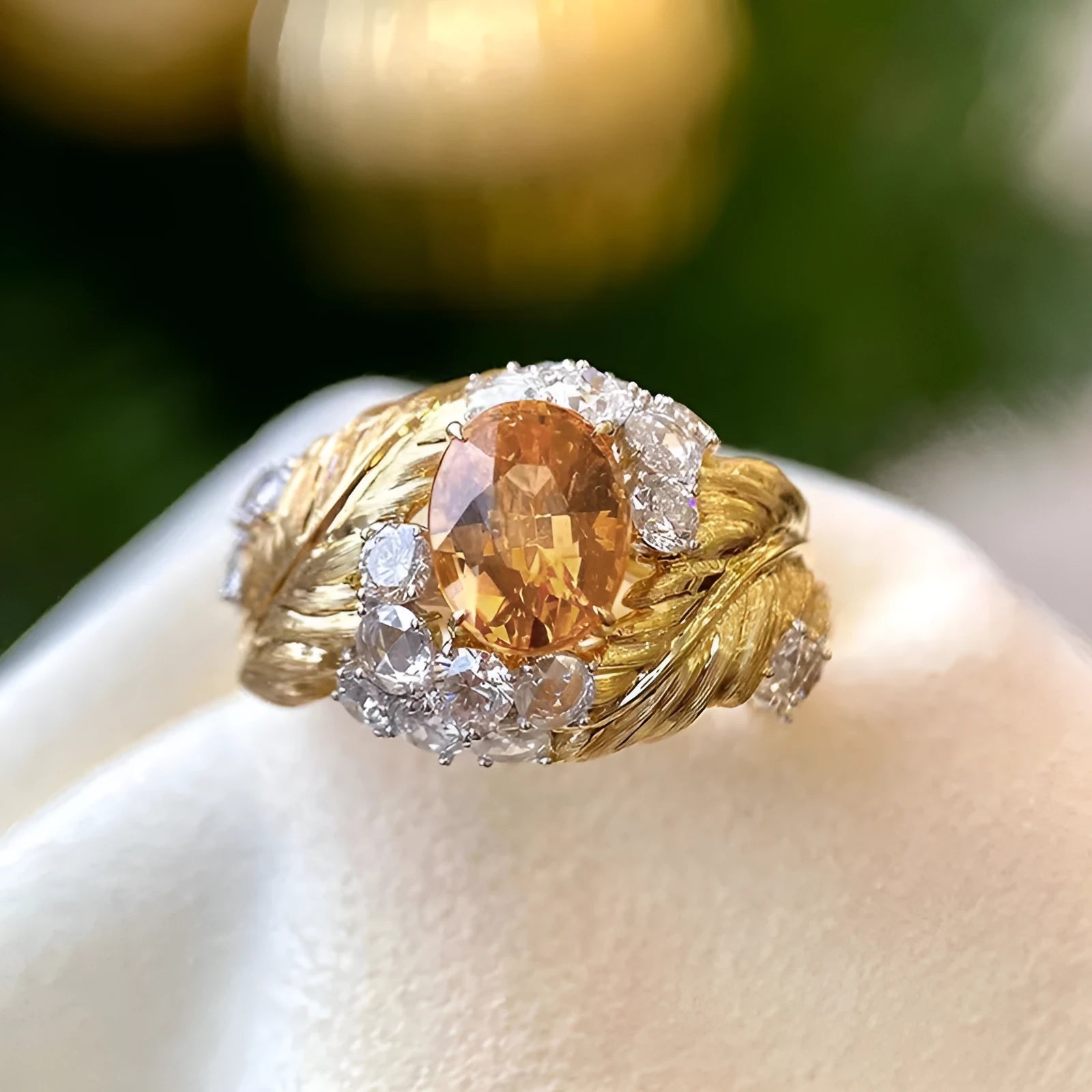 Gold-coloured embossed feather ring with geometric shape and inlaid yellow zircon stone