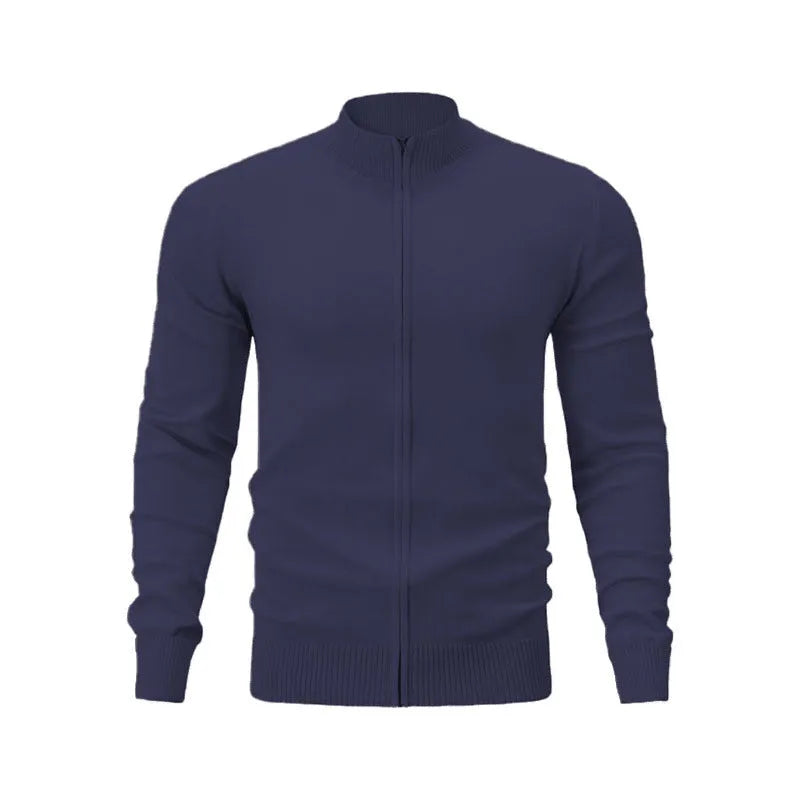 Men's stand collar zip cardigan in cotton fabric showing loose fit and full-length zip