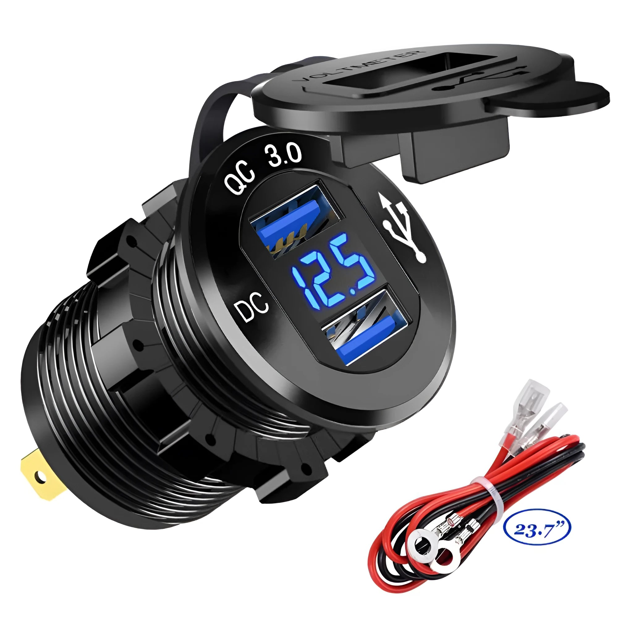 Black aluminium alloy QC3.0 fast charge car charger with single USB port and blue indicator light