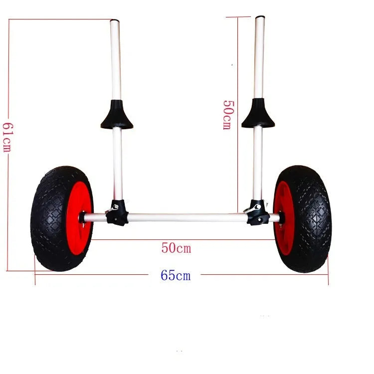 Foldable aluminium kayak beach trailer with upright pole platform and rubber wheels.