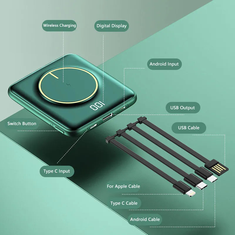 Compact square 20000mAh power bank with LCD screen, shown in red, green, and black colour options.