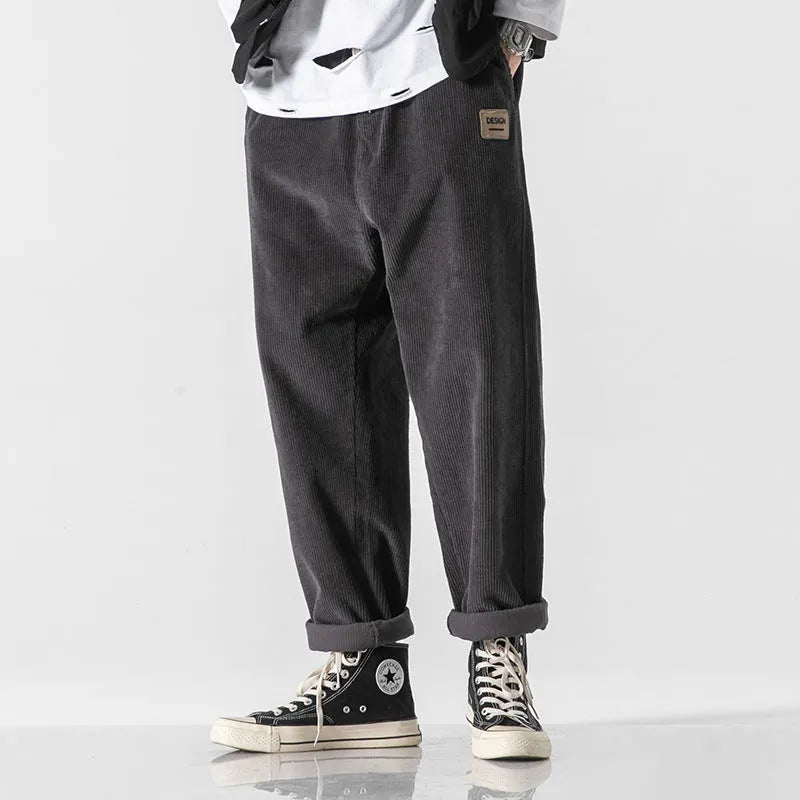 Men's loose straight corduroy sports trousers in multiple colour options with elastic waist