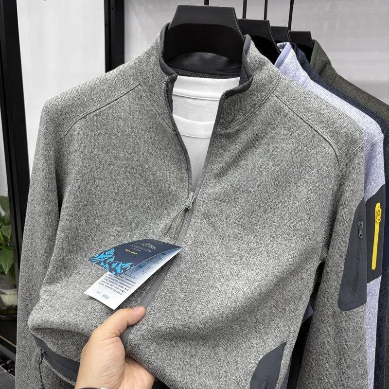 Men's solid colour stand collar knitwear jacket in polyester fibre, loose fit cardigan, available in multiple colours including Night Shadow Blue and Fog Dark Green.