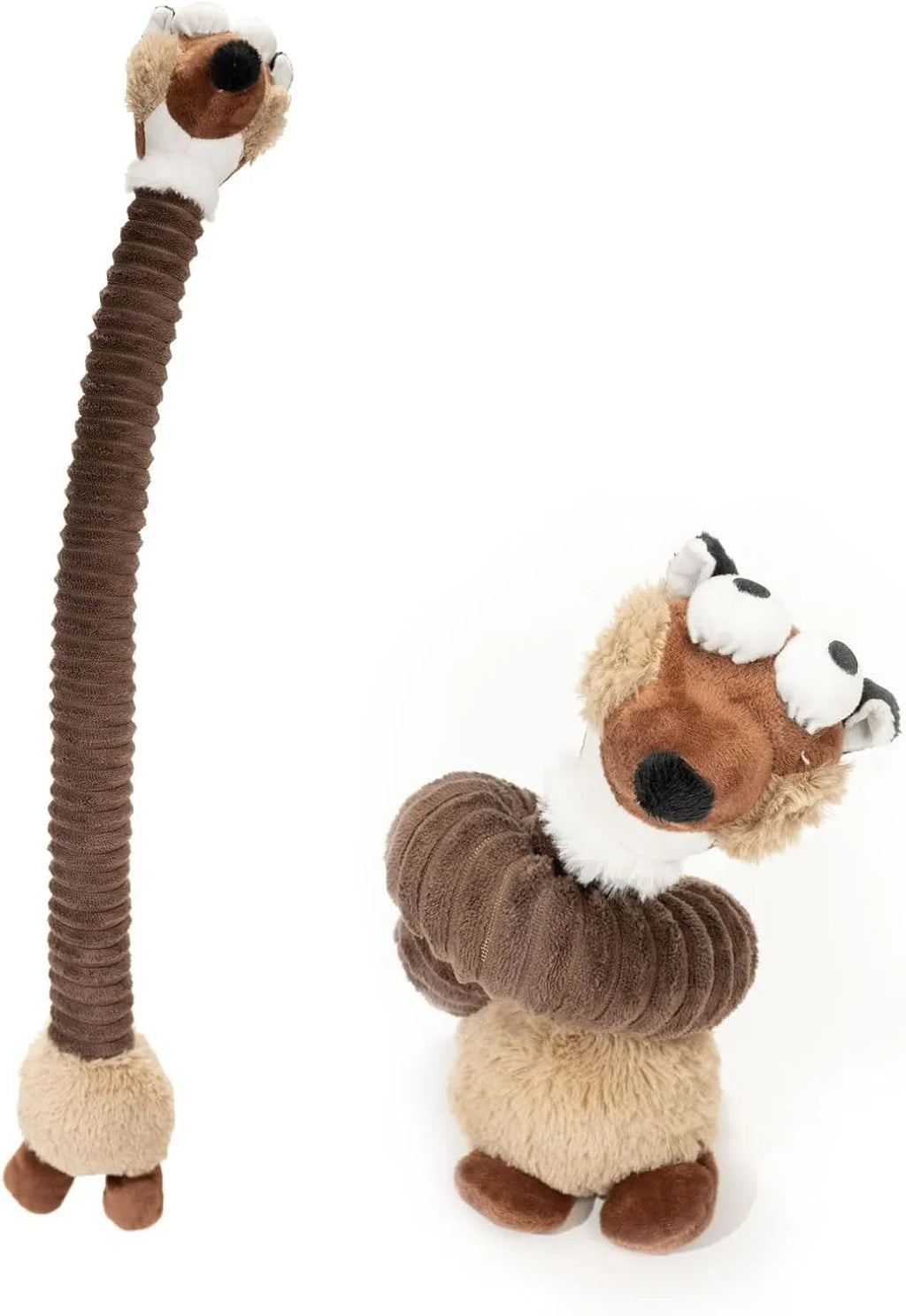 Foldable plush dog toy in brown, grey, or yellow with squeaker and crinkle sounds