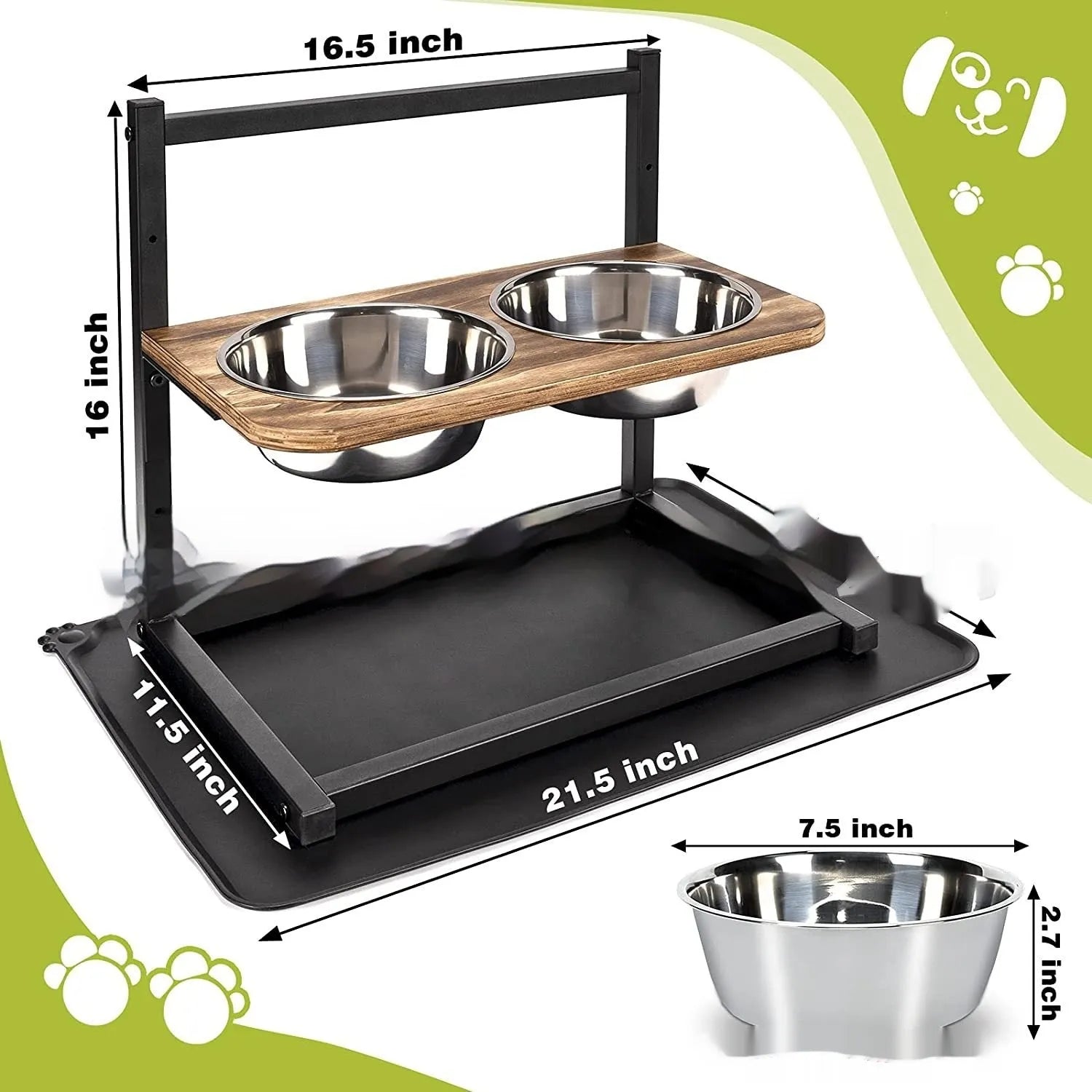 Black iron dog bowl stand with adjustable slots for large breed feeding.