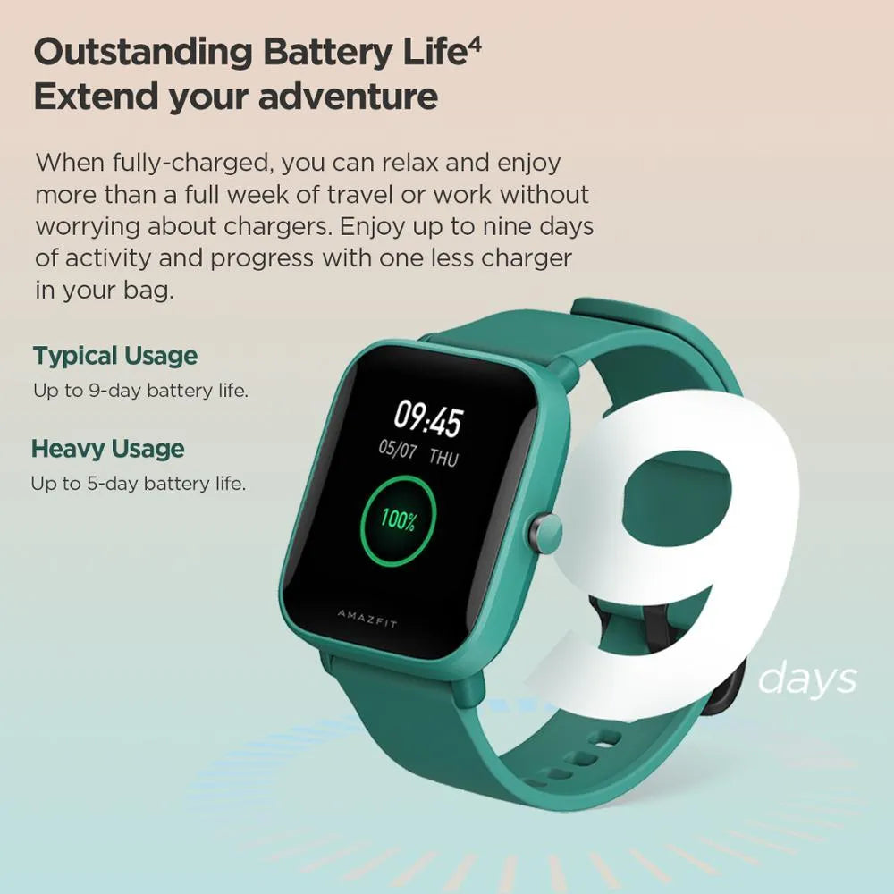 Amazfit Pop smartwatch with colour screen and green silicone strap on wrist