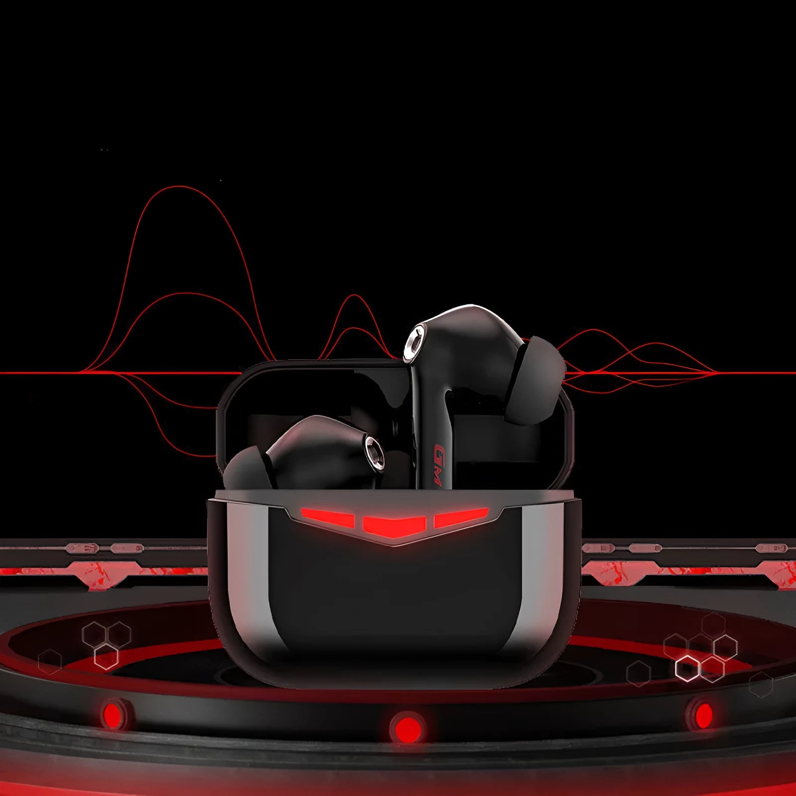 True wireless black Bluetooth in-ear gaming headphones with charging case and silicone ear muffs.
