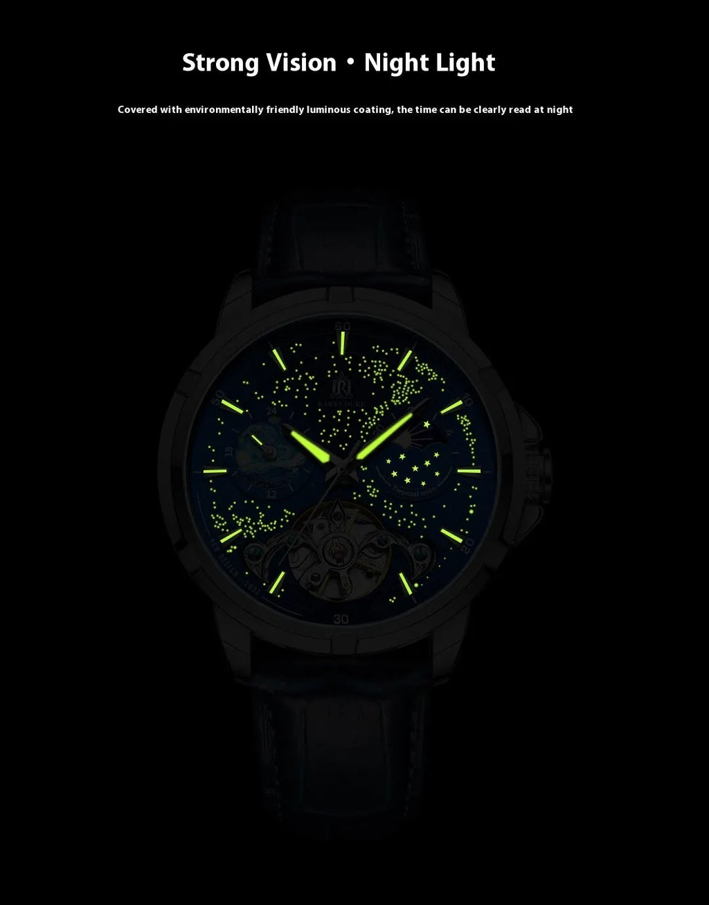 Men's blue automatic mechanical wristwatch with day-date window on stainless steel case.