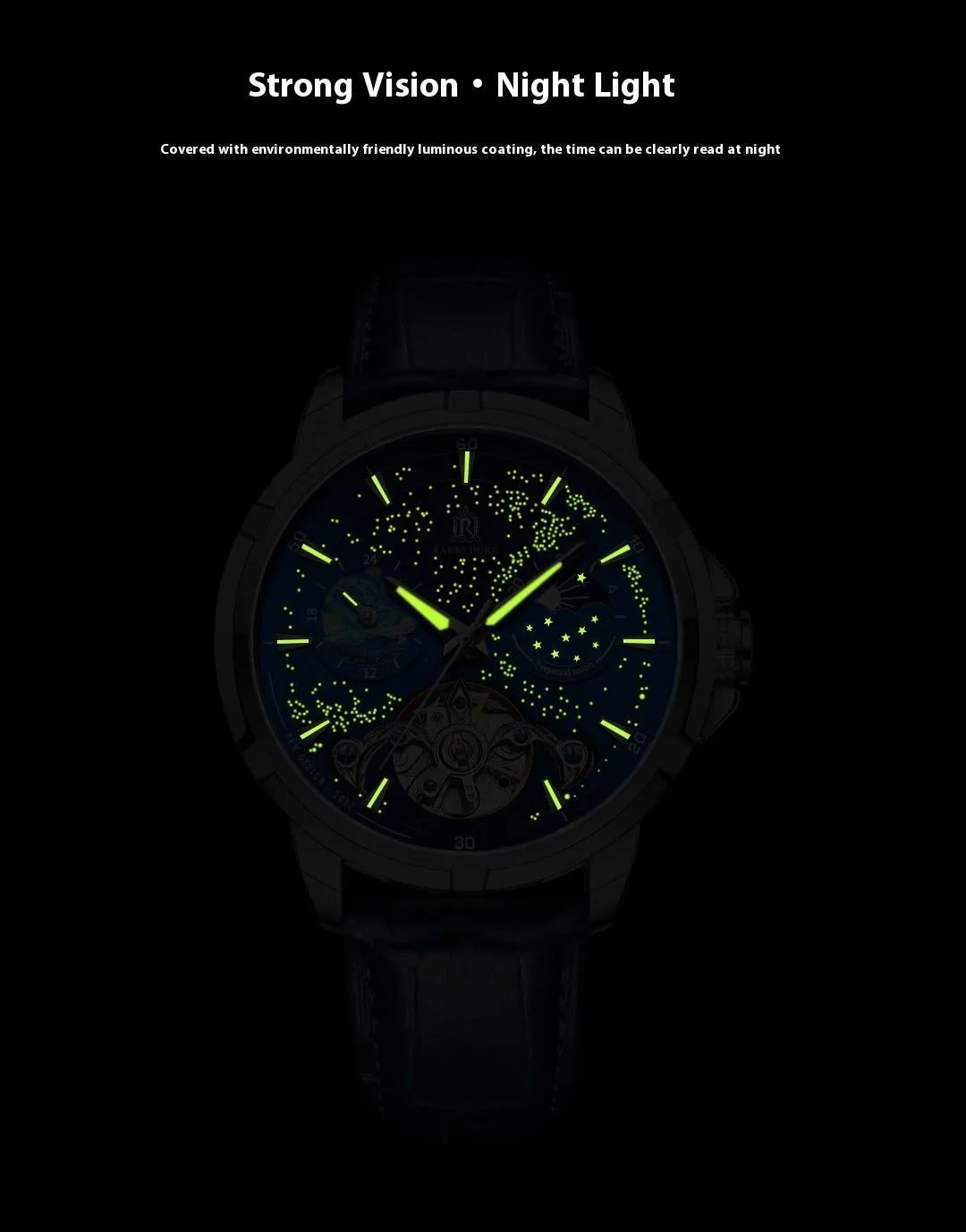 Men's blue automatic mechanical wristwatch with day-date window on stainless steel case.