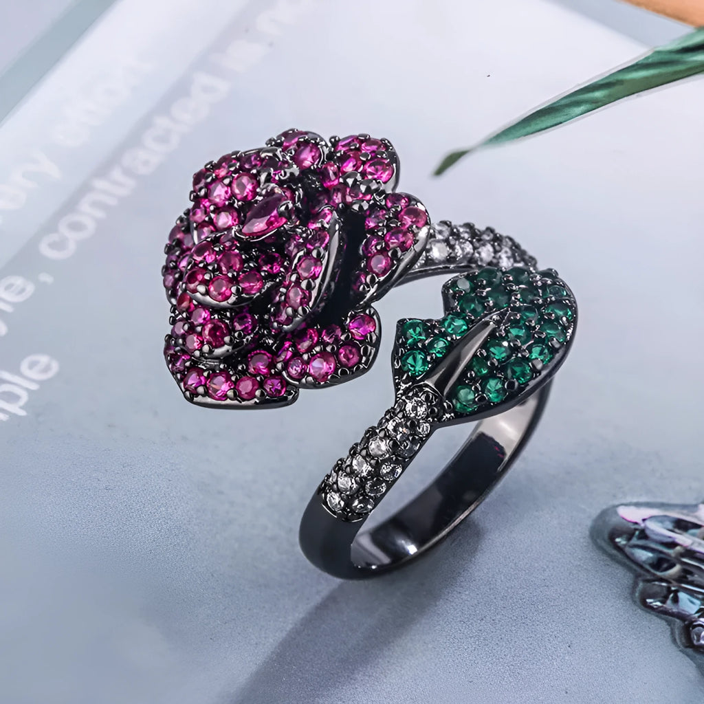 Black gold geometric flower ring with simulated red corundum stones on copper base