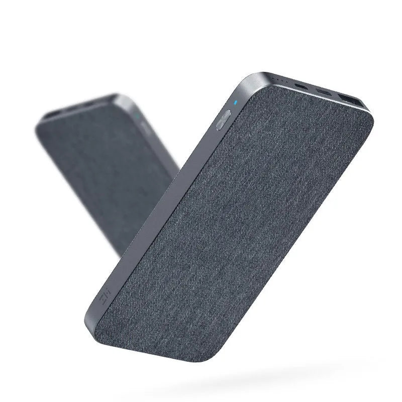 Ultra-thin grey fabric mobile power bank, 10000mAh, two-way fast charging, 66.9mm x 61mm x 28.4mm