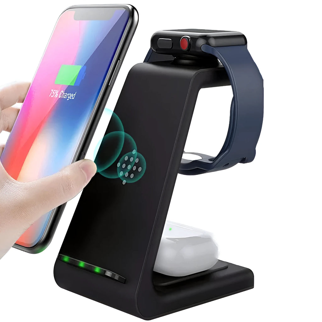 T3 wireless charging pad in black, compatible with Apple iPhone and Samsung smartphones.