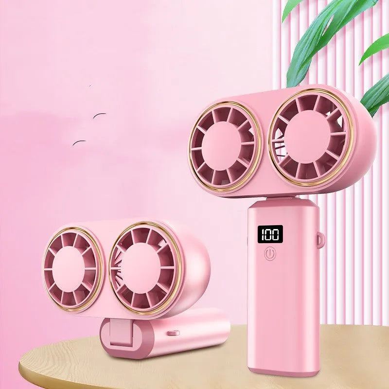 USB handheld mini fan folded showing digital display, available in milky white, pink, and dark blue colours
