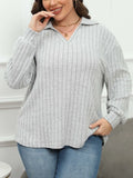 Women's plus size gray fleece pullover with polo collar and lantern sleeves