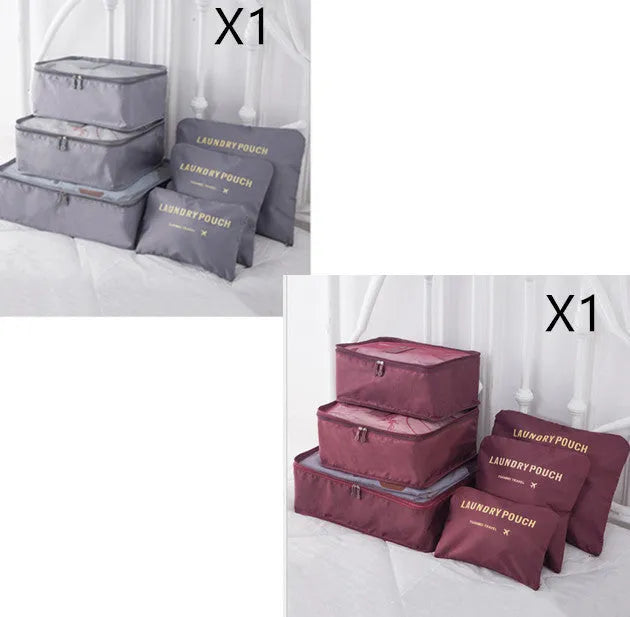6 PCS travel storage bag set in polyester with handbag shape, multiple colour options for clothes and cosmetic organisation
