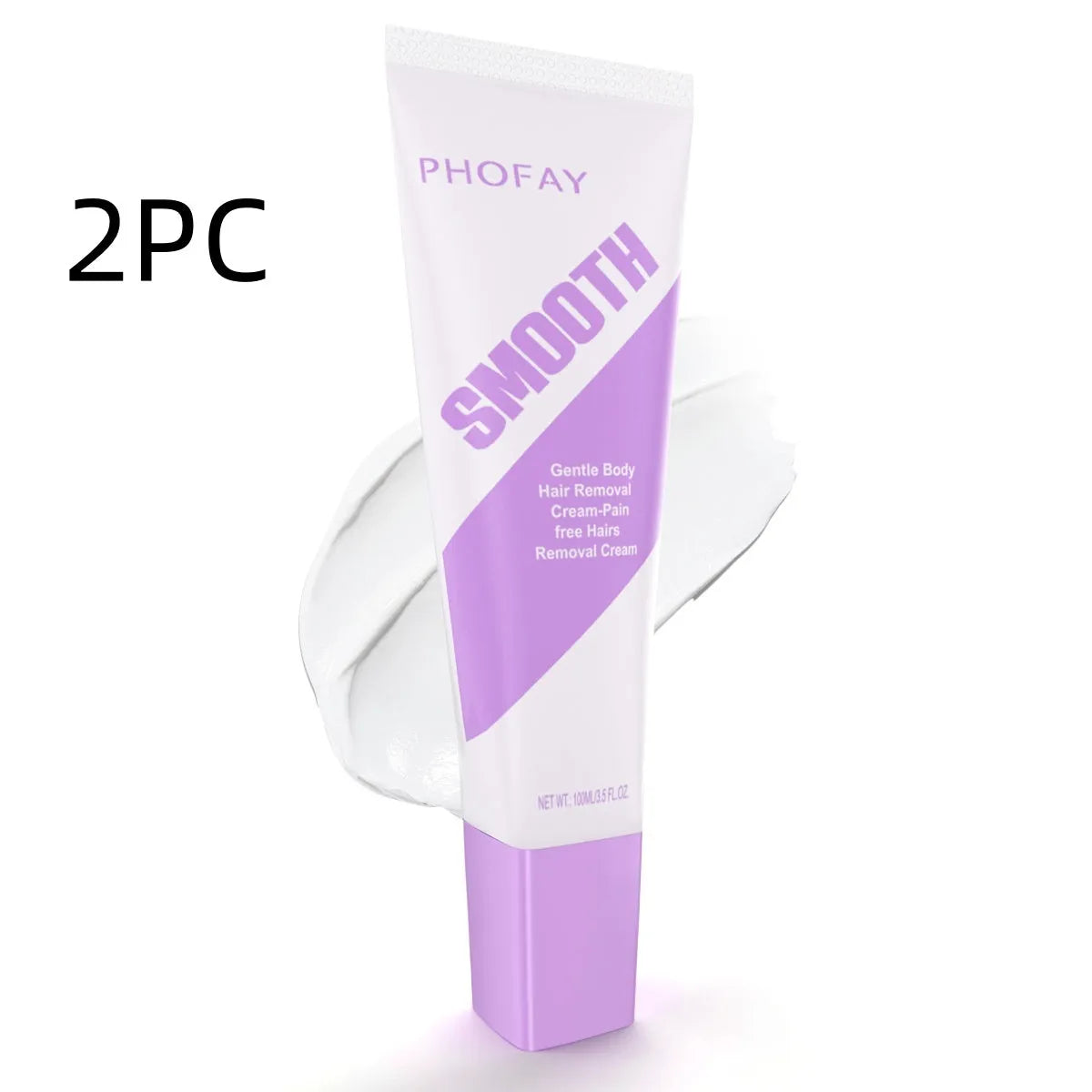 PHOFAY pain-free hair removal cream tube and included plastic scraper tool on a clean background.