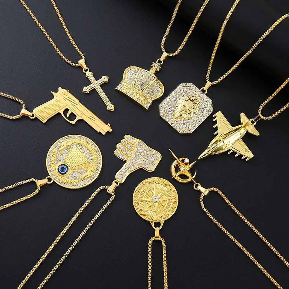 Geometric gold colour alloy pendant necklace with inlaid zircon accents