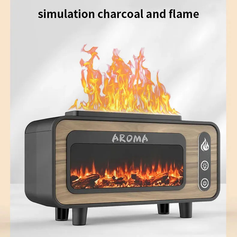 Black ultrasonic flame humidifier 200ml with 3D fireplace effect and 7-colour LED light, 210*80*118mm