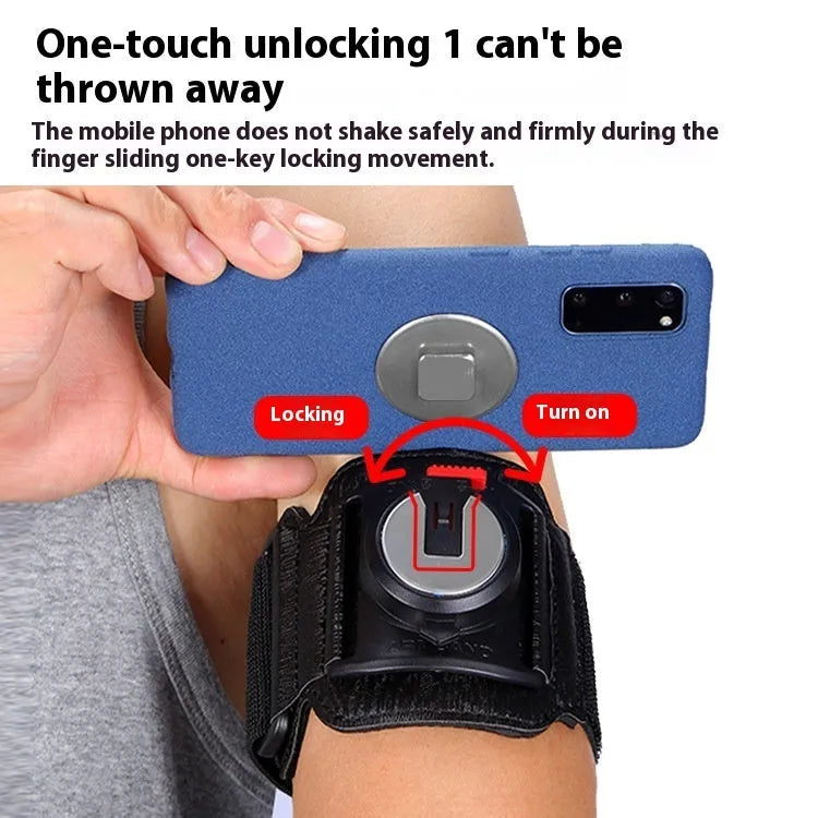 Sports mobile phone arm bag in black with phone inserted showing adjustable strap and waterproof construction