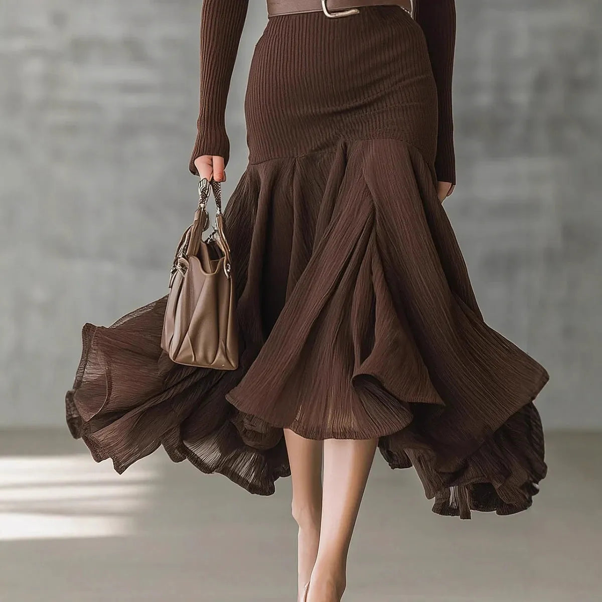 Stitching V-neck long-sleeve dress long skirt in solid dark brown with asymmetric hem