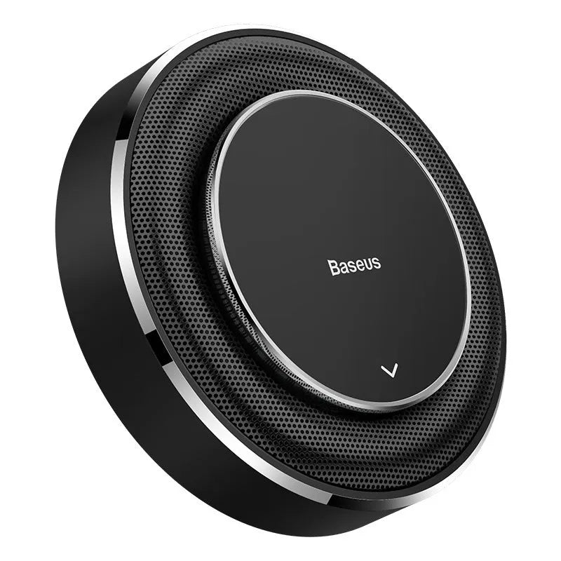 Aluminium alloy round car fragrance holder in black, red, and silver colour options with four scent tablets.