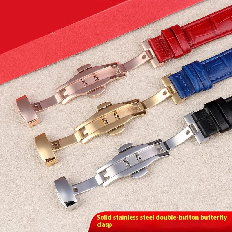 Genuine leather women's watch strap with steel pin buckle in black, pink, red, sapphire blue, or white