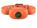 Black remote control and matching waterproof dog training collar with adjustable strap on a grey background