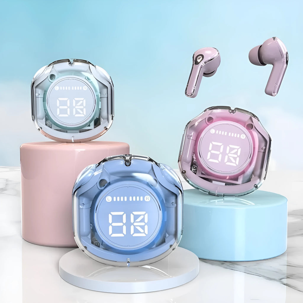 A wireless in-ear Bluetooth headset shown in one of its five colour options: white, black, pink, sky blue, or violet.