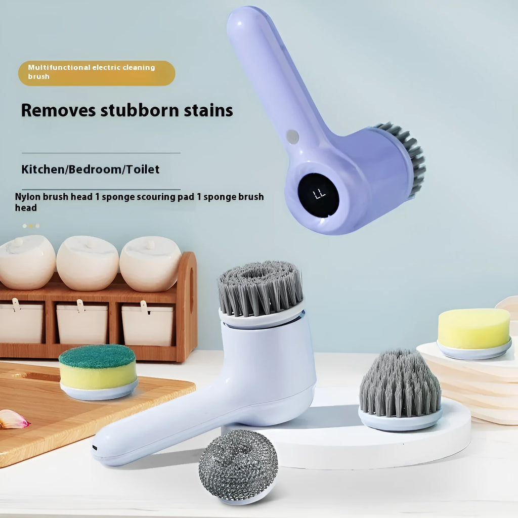 USB electric cleaning brush in light grey or purple colour with interchangeable cleaning heads