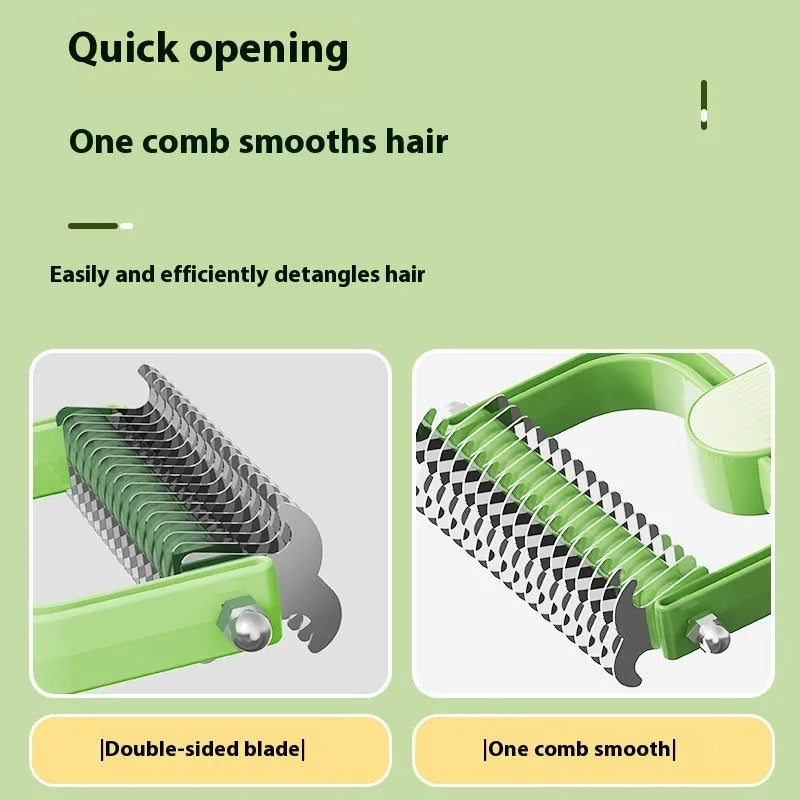 Green and grey pet hair unknotting comb for dogs with stainless steel teeth on a PP plastic handle.