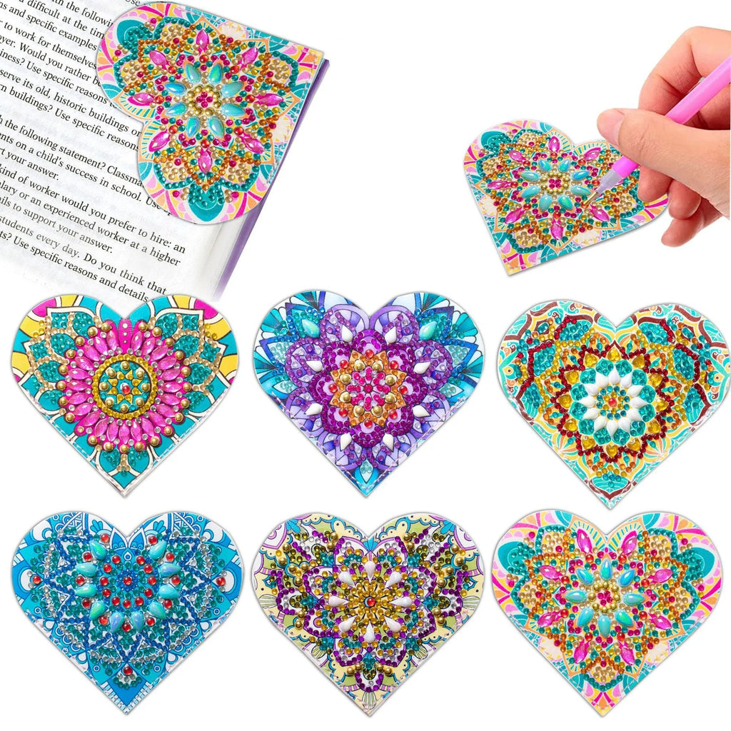 Set of six handmade PU leather bookmarks with crystal floral cornerites on a white background.
