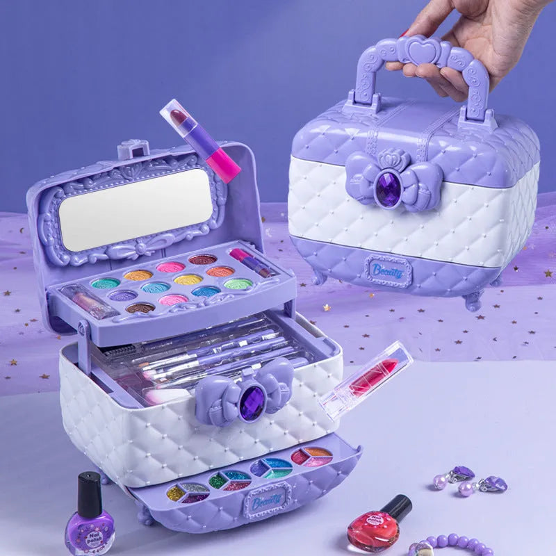 Children's pretend play makeup kit in pink suitcase with water-soluble cosmetics for ages 4-6