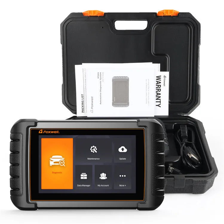 NT809 automotive diagnostic scanner with cables, adapters, and user manual for full vehicle system detection
