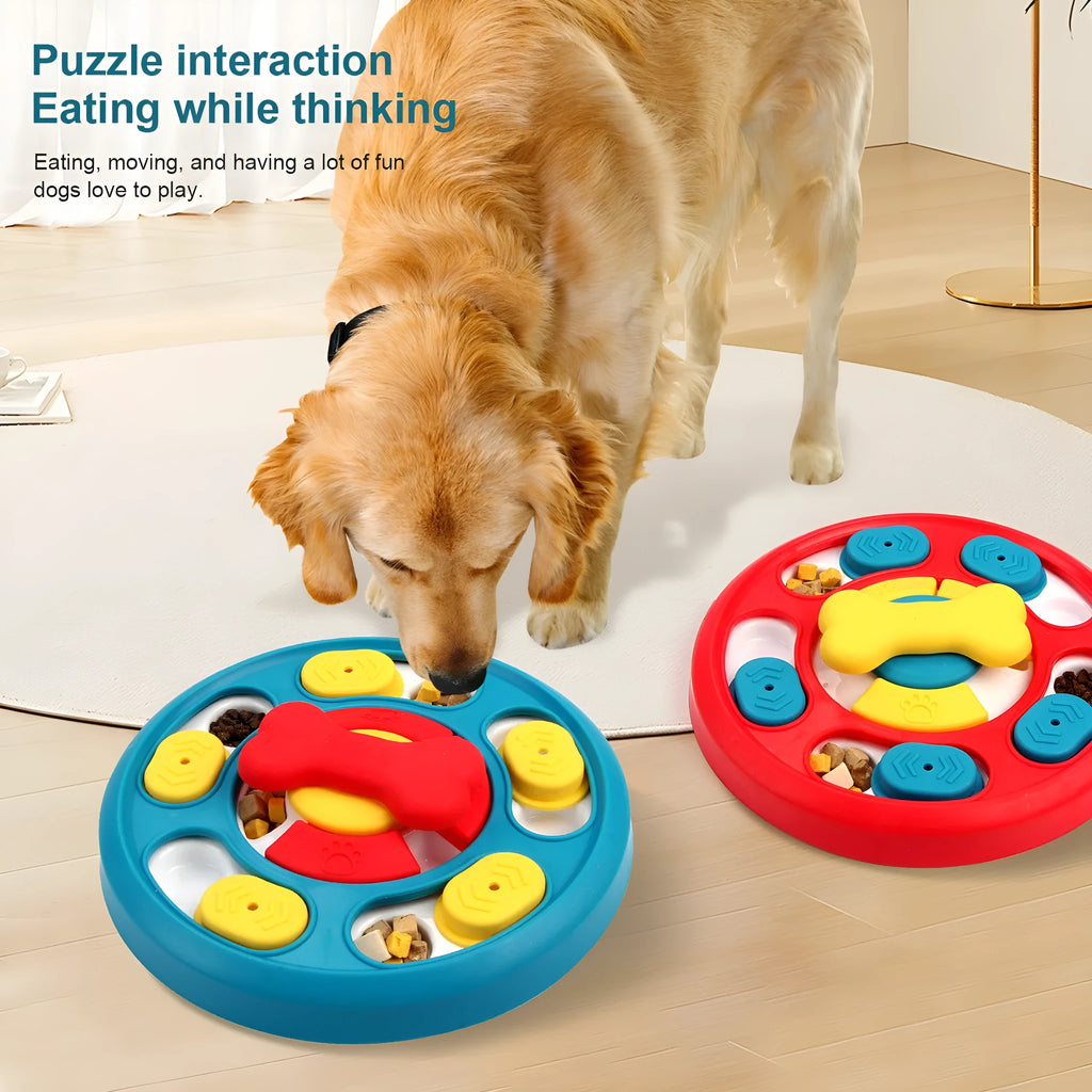 Blue plastic leak-proof feeding puzzle dog toy spinner on floor with kibble