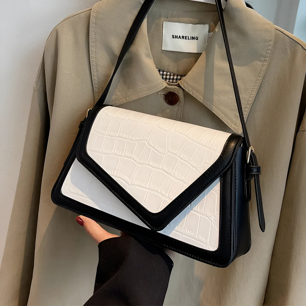 Stone pattern PU leather square shoulder bag in beige, shown with one-shoulder strap.