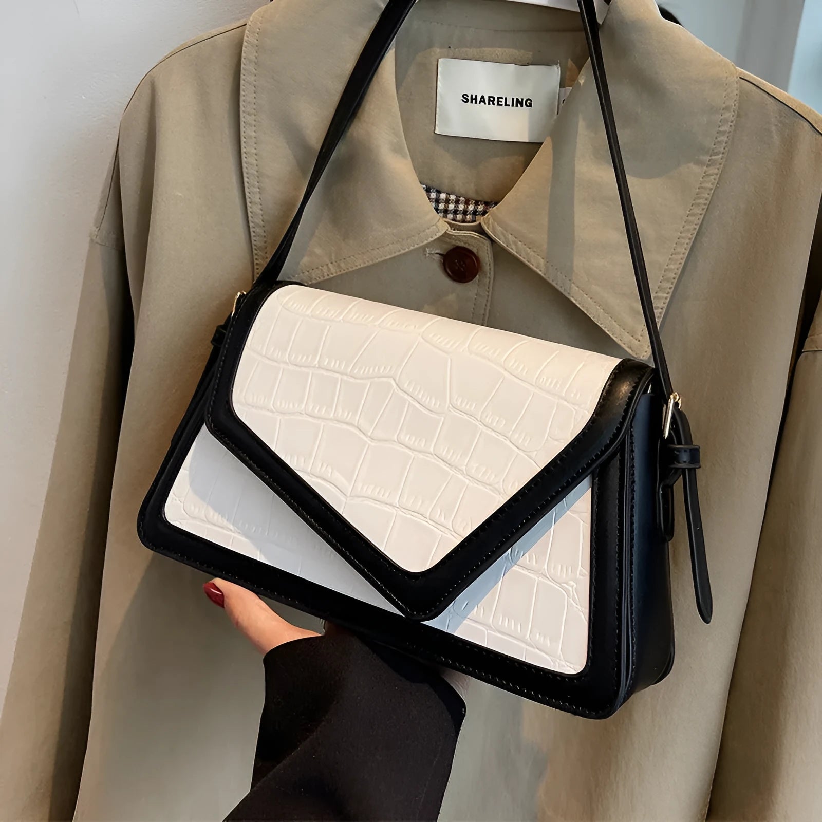 Stone pattern PU leather square shoulder bag in beige, shown with one-shoulder strap.